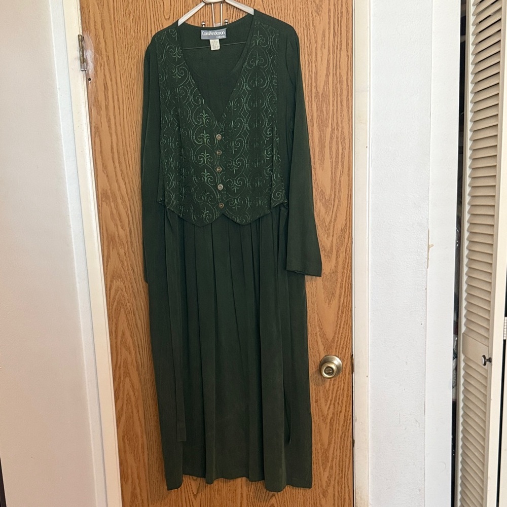 Vintage Carol Anderson Long Sleeve Green Embroidered Vest Dress Sz 14 Grannycore